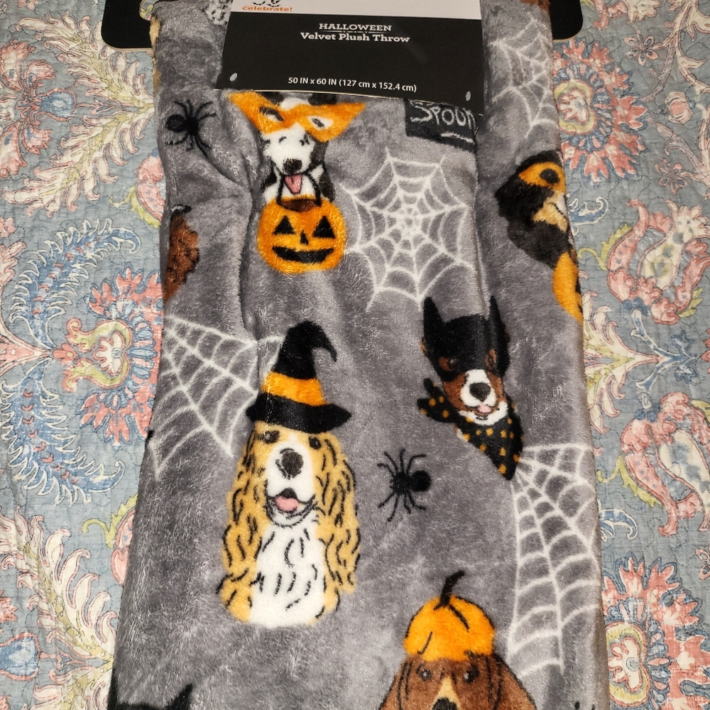 DECORATIVE VELVET PLUSH THROW BLANKET : GRAY - DOGS IN A HALLOWEEN SETTING - 50